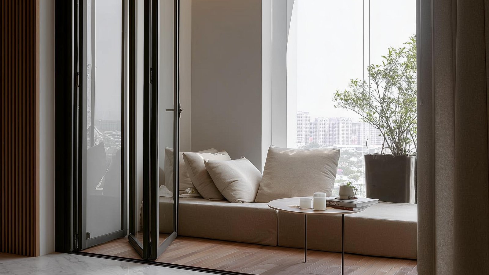 Lanai-inspired sitting area beside full-height windows