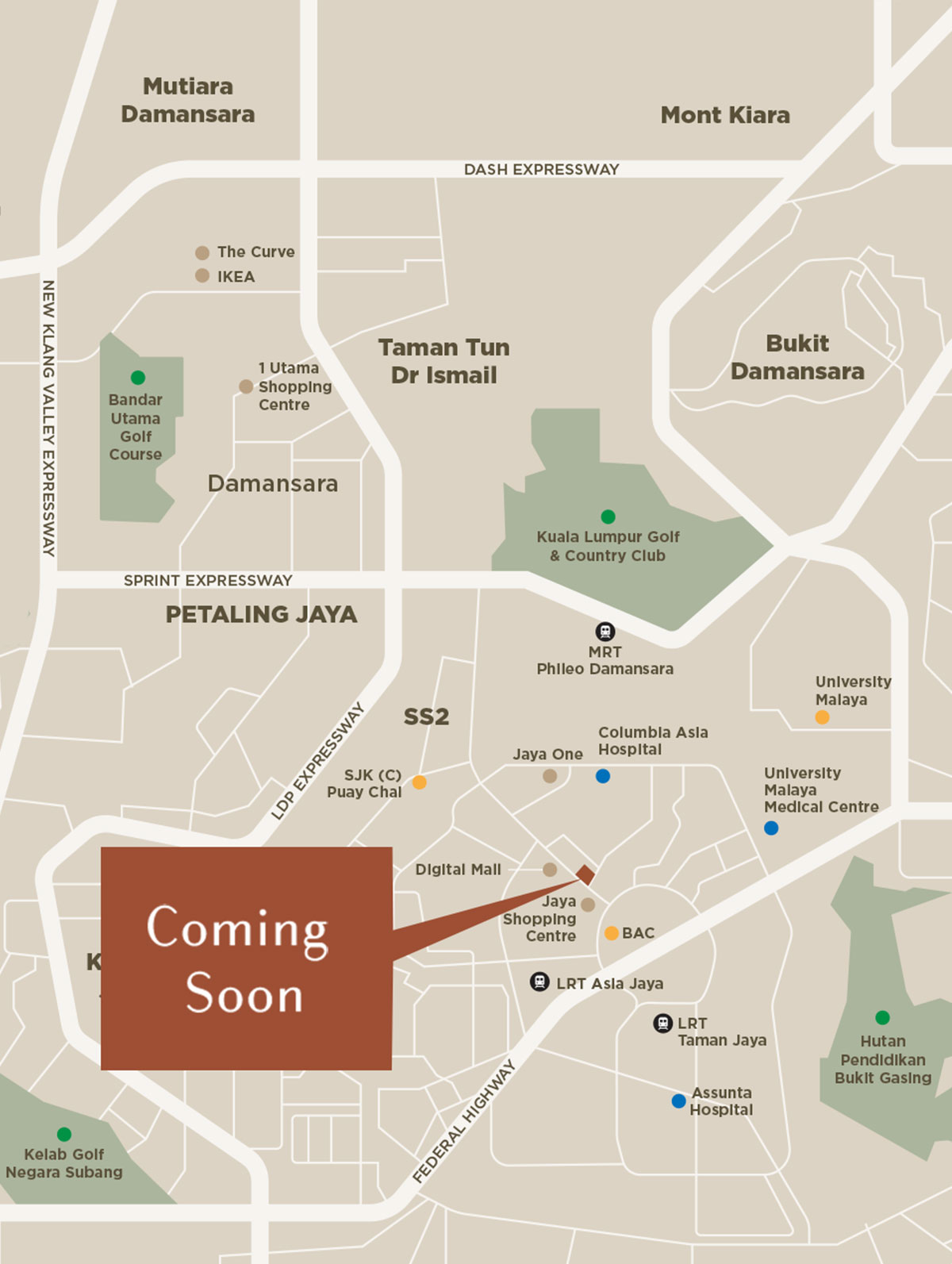 Location map showing the new launch near Jaya Shopping Centre, rail stations, hospitals, education and major highways