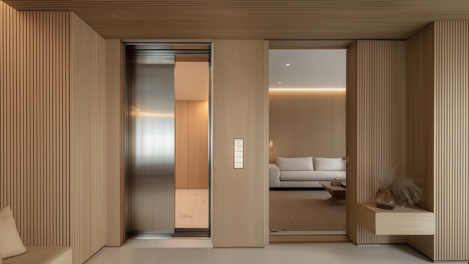 Private lift arrival opening into a warm residential foyer
